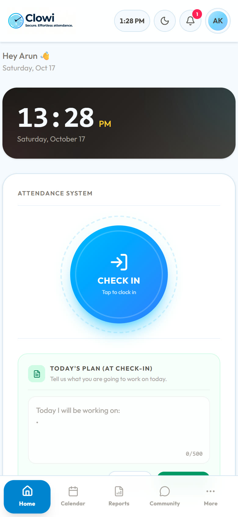 Clowi check-in screen