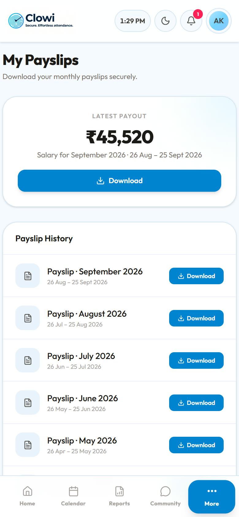 Clowi payslips screen