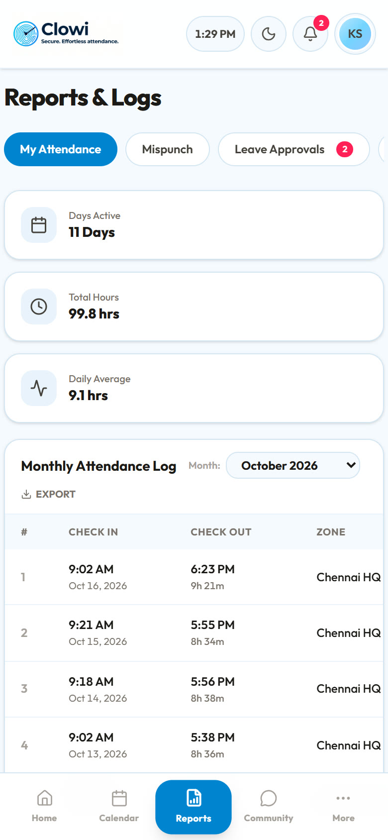 Manager's attendance log and approvals