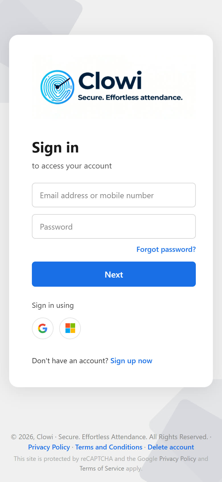 Clowi sign-in screen on a phone