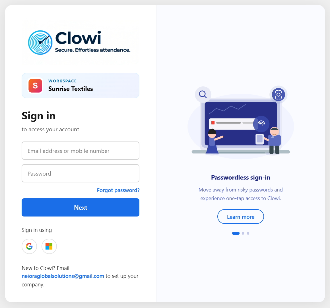 Sunrise Textiles' own Clowi sign-in page with the company logo