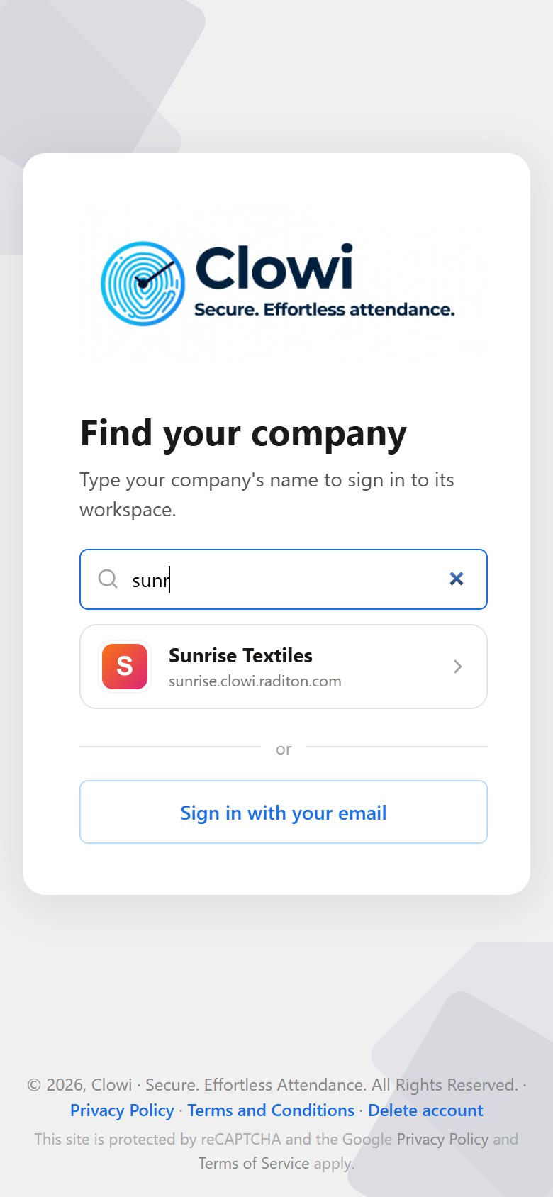 Find your company in the Clowi app: typing sunr finds Sunrise Textiles