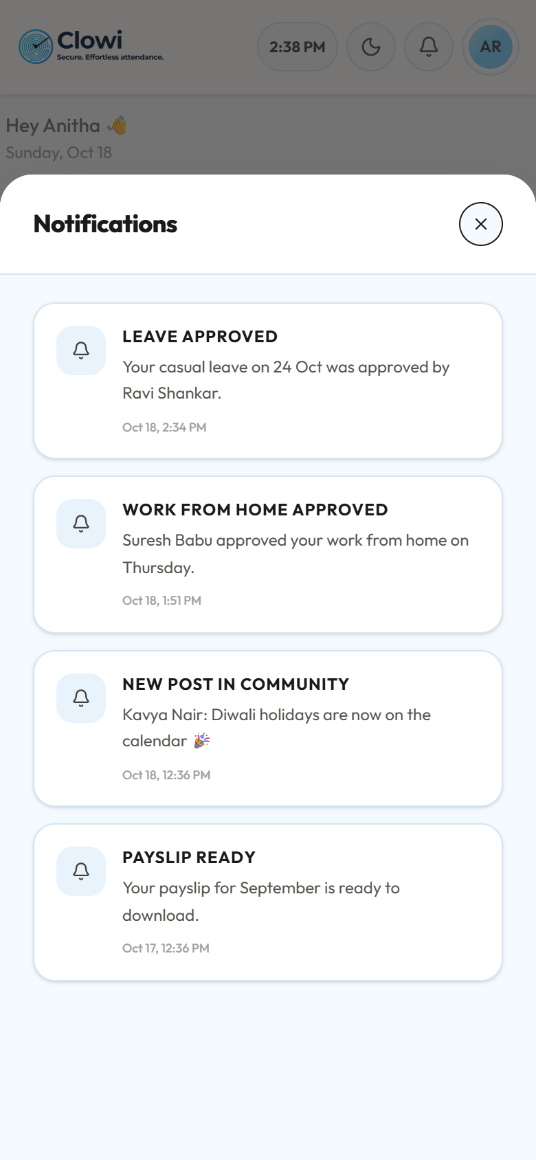 Notifications in the Clowi app: leave approved, work from home approved, a new community post